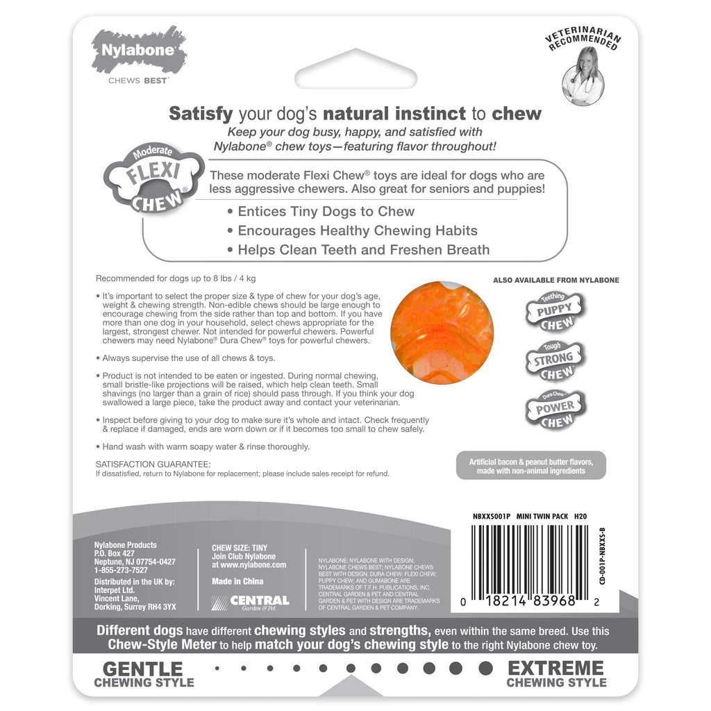 Nylabone Moderate Chew FlexiChew Bone Peanut Butter & Bacon 1ea/XXS/Tiny - Up To 8 lb