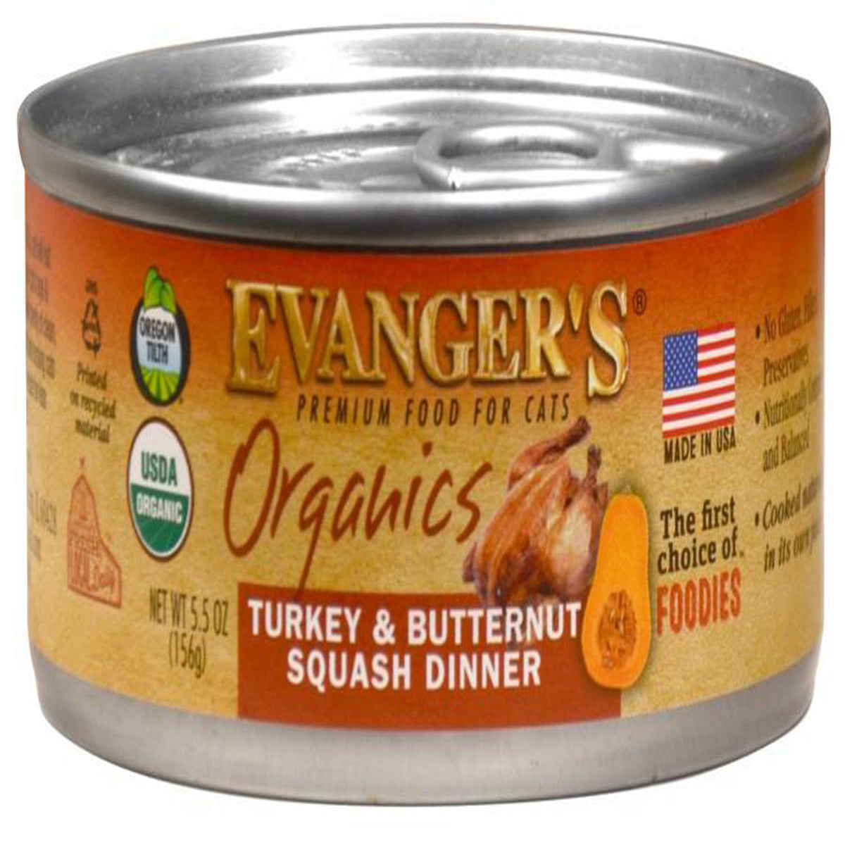 Evanger's Organics Wet Cat Food Turkey with Butternut Squash 5.5oz (Case of 24)