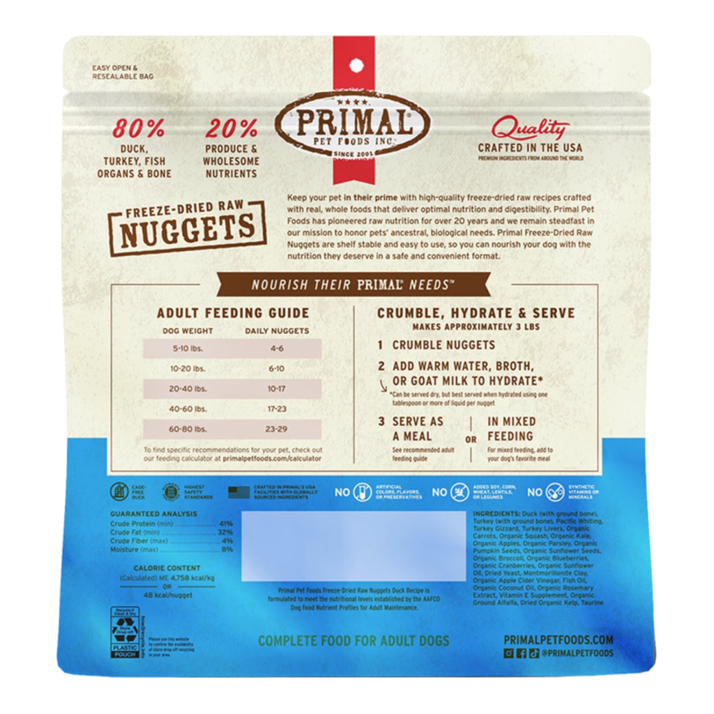 Primal Dog Freeze-Dried Duck Made With Turkey & Fish Formula Nuggets 14oz.