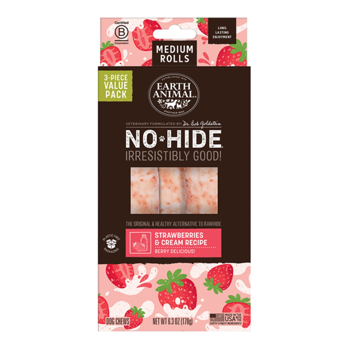 Earth Animal Dog No - Hide Original Collection Strawberries & Cream Rolls Medium Value Pack - 3 Pack