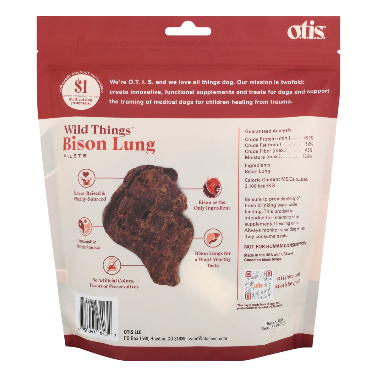 Otis Dog Wild Things Grain Free Bison Lung Filets 4oz.