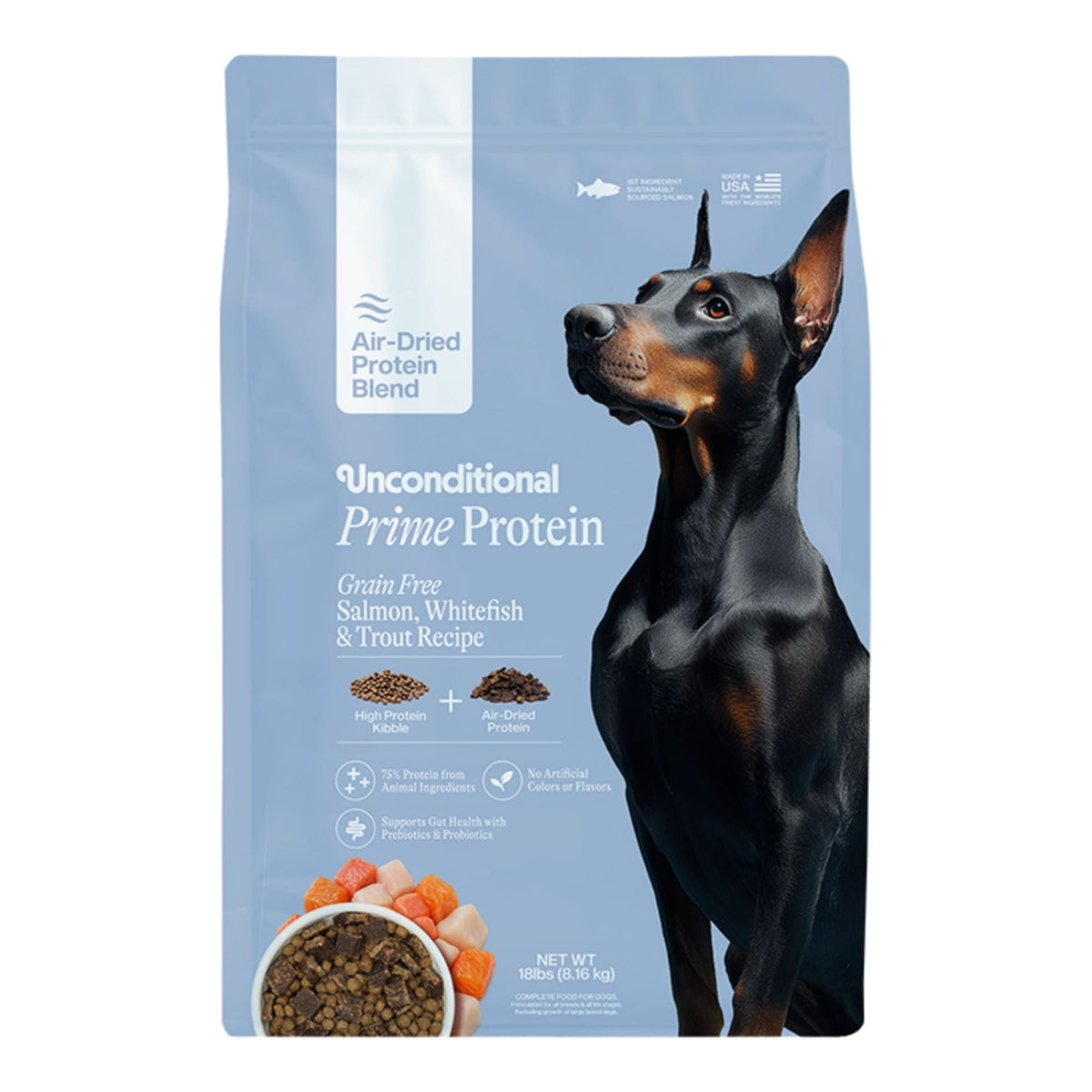 Unconditional Dog Prime Protein Air - Dried Grain Free Protein Blend Salmon 18lbs.
